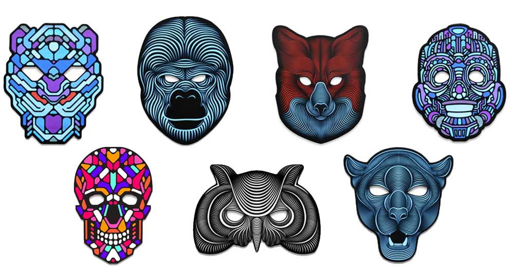 Image of the seven different LED Mask designs now sold at The Rave Cave