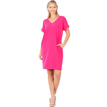 Load image into Gallery viewer, Hot Pink Rolled Sleeve V-Neck Dress With Pockets