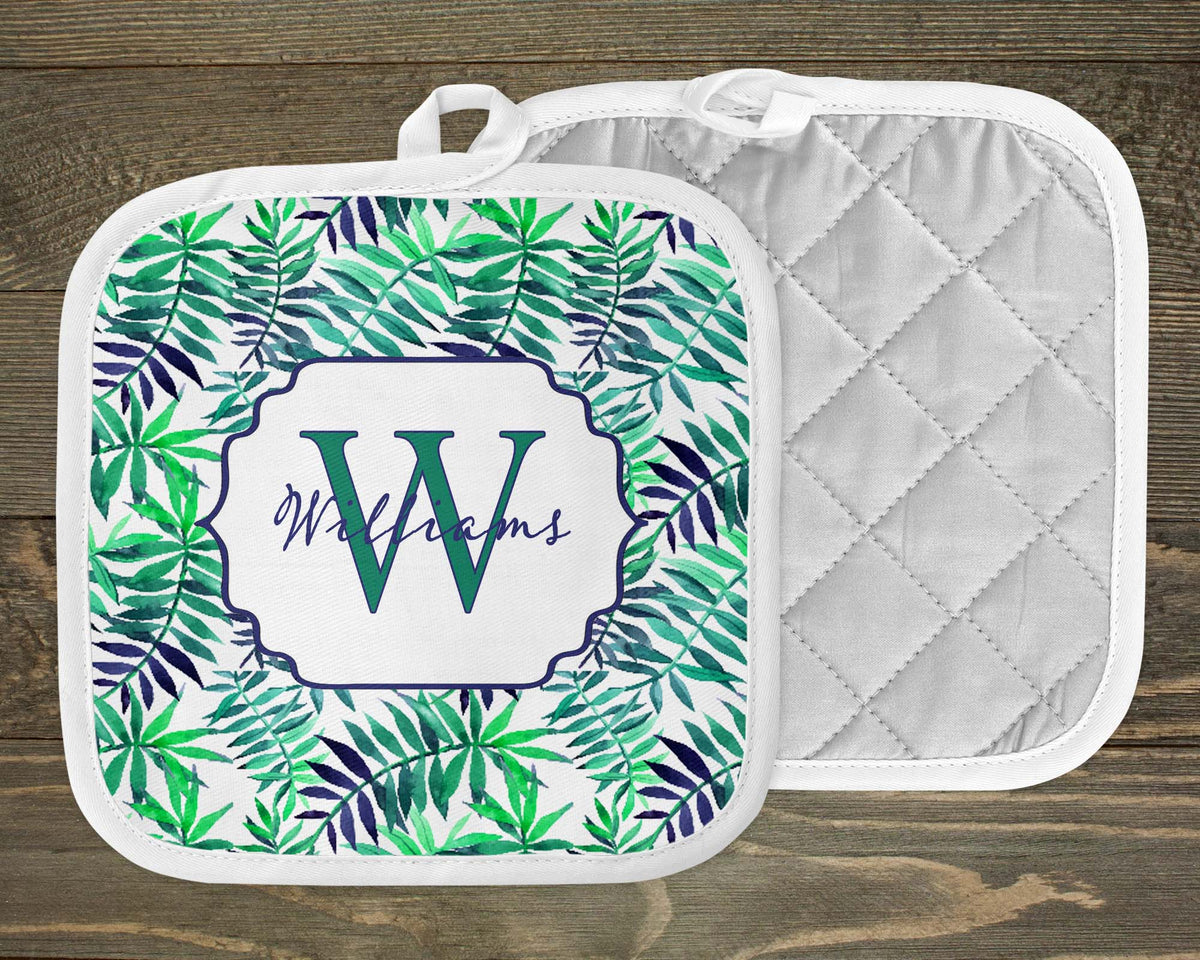 Personalized Pot Holders | Custom Kitchen Decor | Blue and Green Fern
