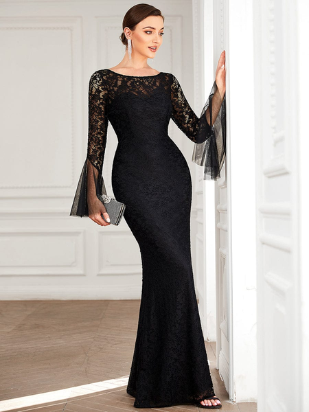Black Tulle Bell Sleeve Lace Bodycon Evening Dress