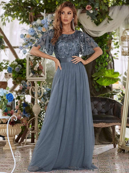 A-Line Sequin Leaf Maxi Wedding Guest Dress with Sleeves