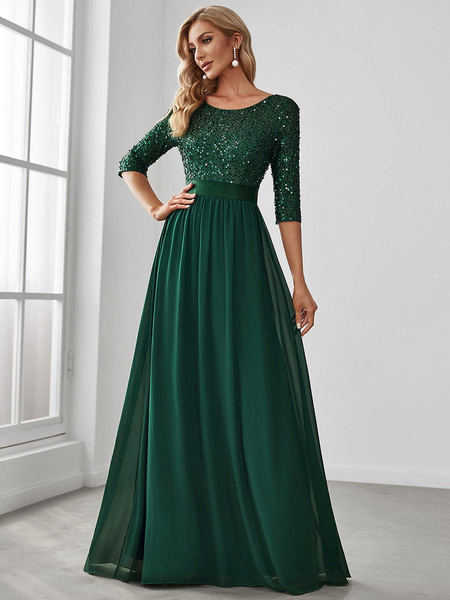 Green Christmas Elegance: Elegant Round Neckline Long Sleeves Sequin Evening Dress
