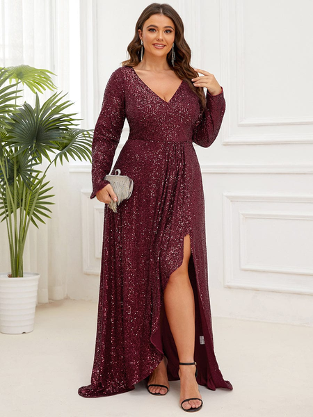 Plus Size Sequin V-Neck Long Sleeve High Slit Bodycon Prom Dress