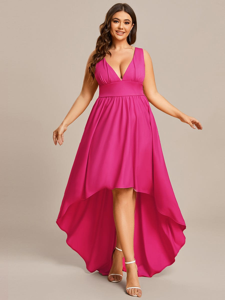 Hot Pink Plus Size High-Low Sleeveless Prom Dress