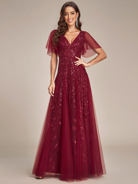 Shimmery Sequin Maxi Dress with V-Neck and Ruffle Sleeves for New Year's Eve