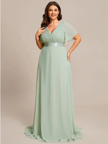 Plus Size Empire Waist V Back Evening Dress with Short Sleeves