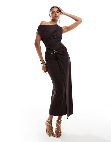 Midi Dress with Drape Wrap Clasp and Asymmetric Off Shoulder in Dark Brown