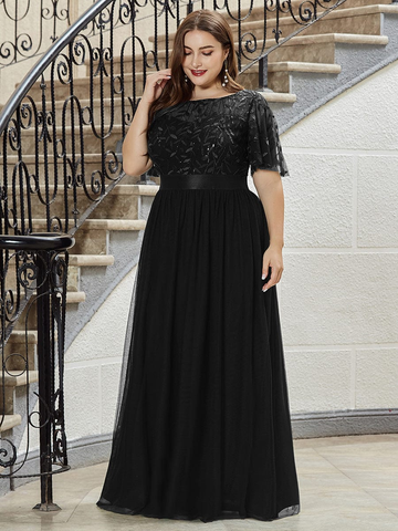 Plus Size Women's Embroidery Short Sleeve Fall Evening Dress