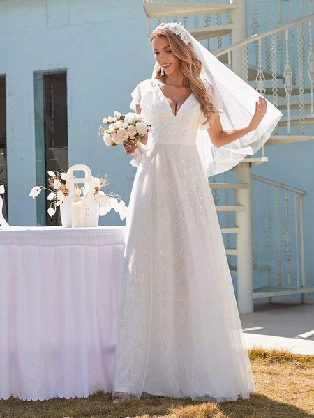Elegant Maxi Lace Elopement Simple Wedding Dress with Ruffle Sleeves