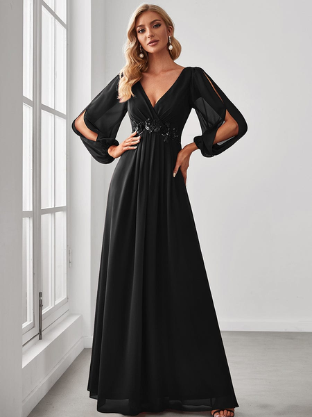 Black Chiffon V-Neckline Long Sleeve Formal Evening Dress