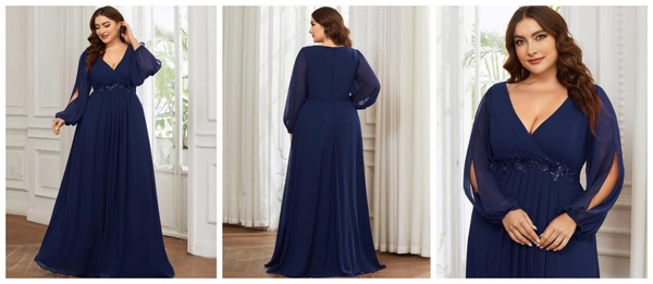 Plus Size Chiffon Formal Evening Dresses with Long Lantern Sleeves