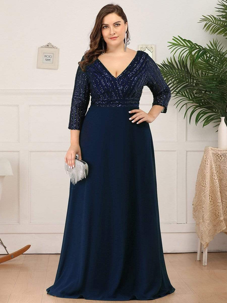 Plus Size A-Line Sequin Prom Dress with Sleeve