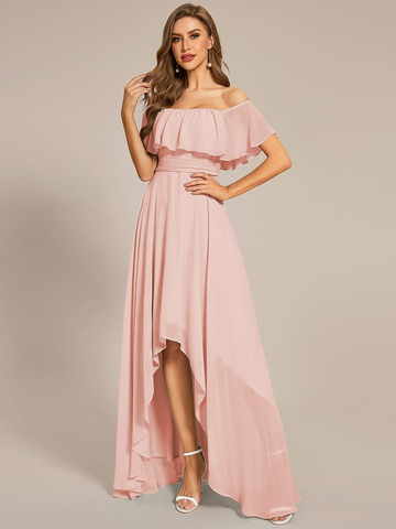 Elegant Chiffon High-Low Off The Shoulder Pink Homecoming Dress