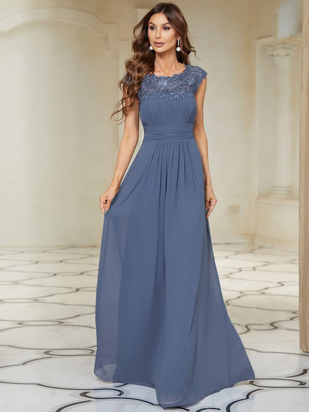 Elegant Maxi Long Lace Cap Sleeve Wedding Guest Dress