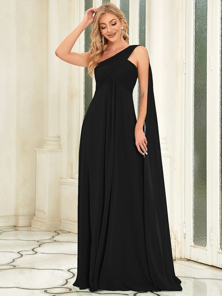 One-Shoulder Black Long Chiffon Evening Dress