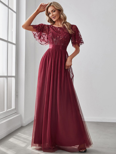 A-Line Sequin Leaf Maxi Christmas Party Dress with Sleeves