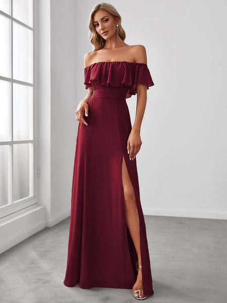 Off Shoulder Ruffle Thigh Slit Wedding Guest Dresses