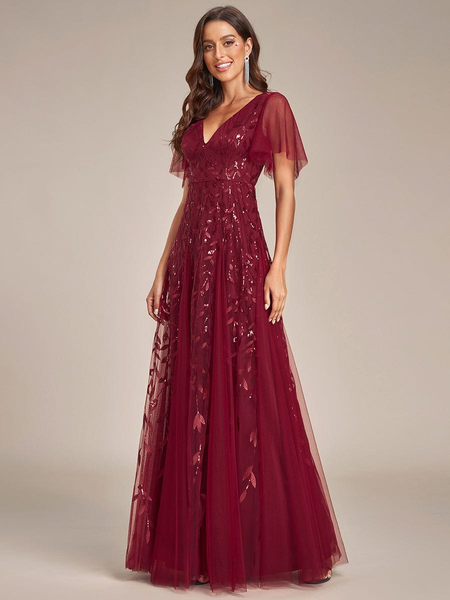 Shimmering Red V-neck Maxi Prom Dress