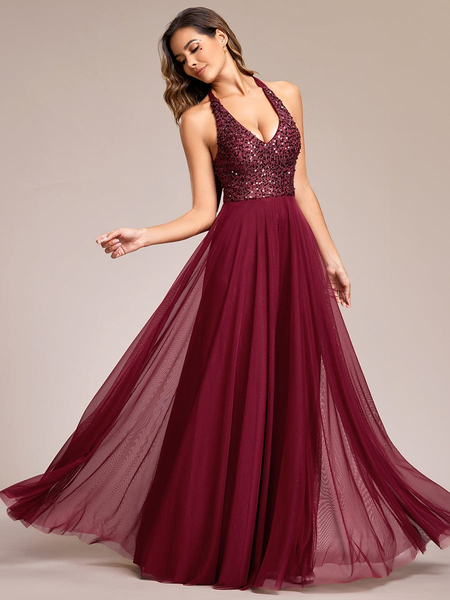 Sequin Halter Neck Top A-Line Backless Dress with Tulle