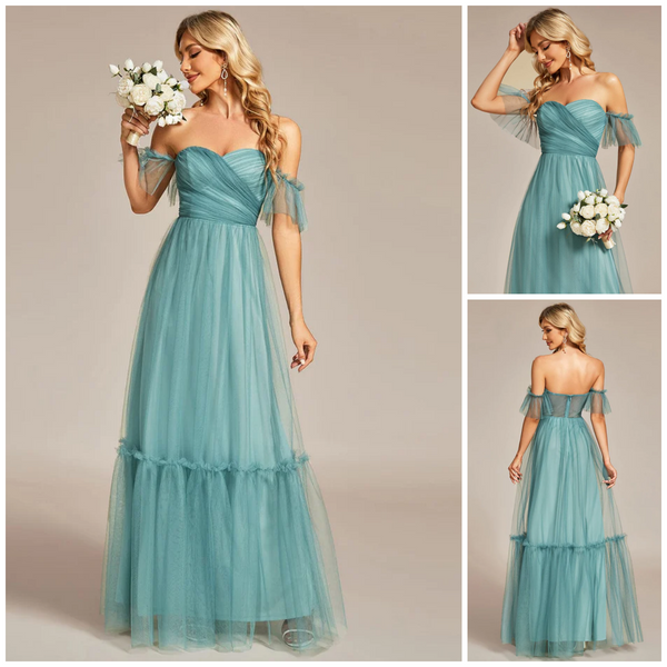 Dusty Blue Off-Shoulder Sweetheart Double Layer Pleated Bridesmaid Dress