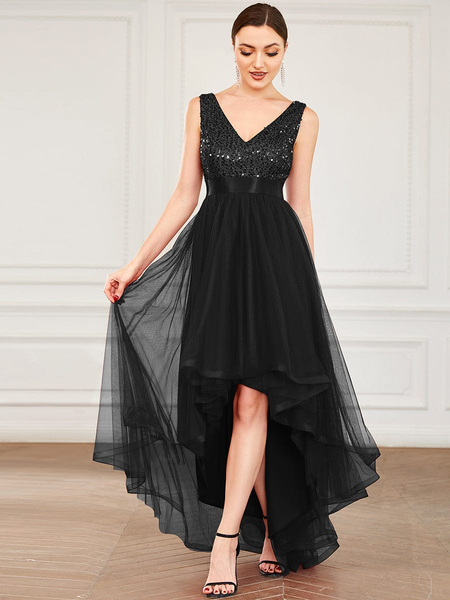 Halloween Glamor - Sleeveless Sequined Tulle Evening Dress