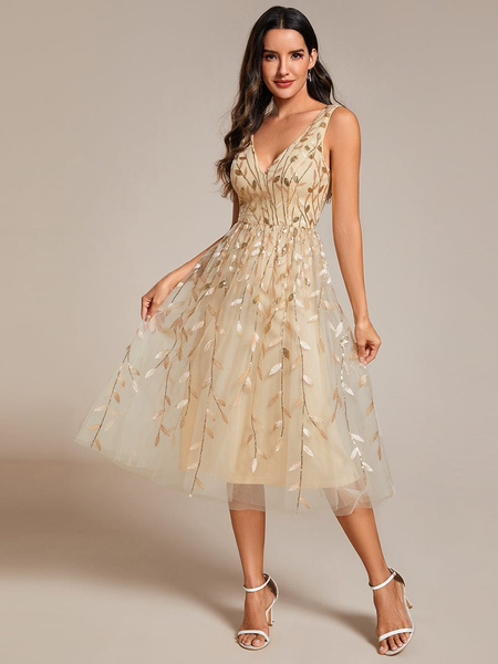 V-Neck Leaf Sequined Sleeveless Dress