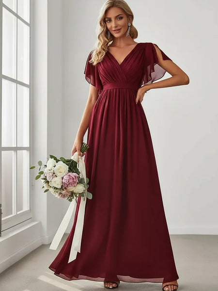 Flutter Sleeve Burgundy Bridesmaid Dress