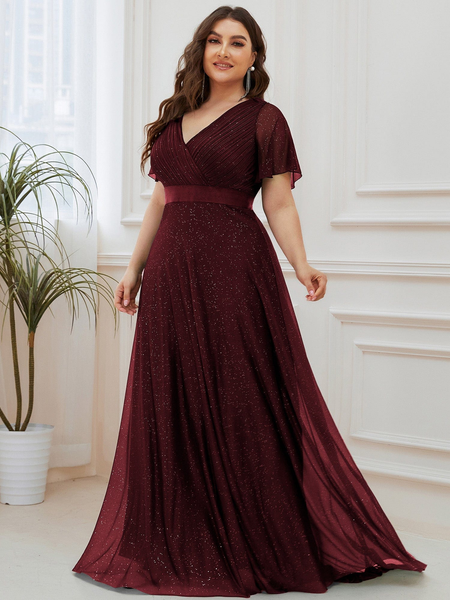 Plus Size V Neck Ribbon Waist Prom Dress with Sleeves