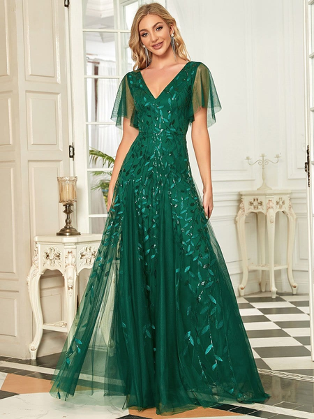 Green Christmas Elegance: Shimmery V Neck Ruffle Sleeves Sequin Maxi Long Evening Dress