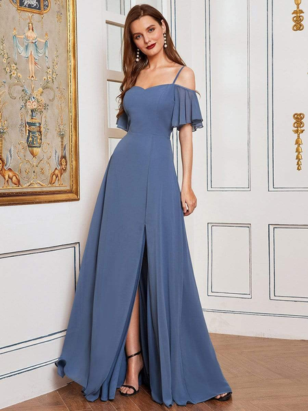 Stylish Cold Shoulder Flare Sleeves Flowy Wedding Guest Dress