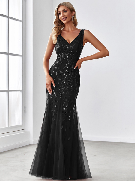 Double V-Neck Mermaid Sequined Black Evening Dress