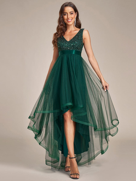 Sequin Bodice Tulle High-Low Christmas Party Dress