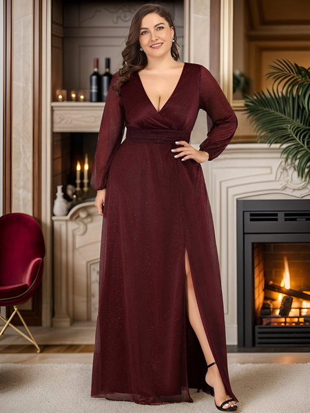 Plus Size V-Neck Shiny Puff Sleeve Prom Dress