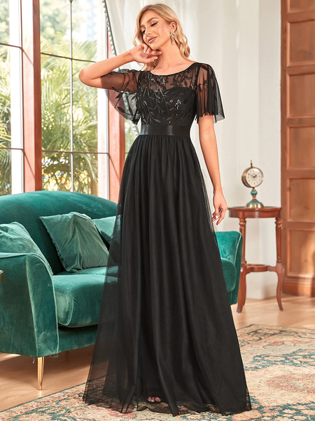 A-Line Black Sequin Leaf Evening Dress