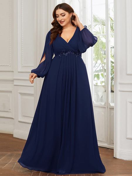 Navy Blue Plus Size Chiffon Prom Dress