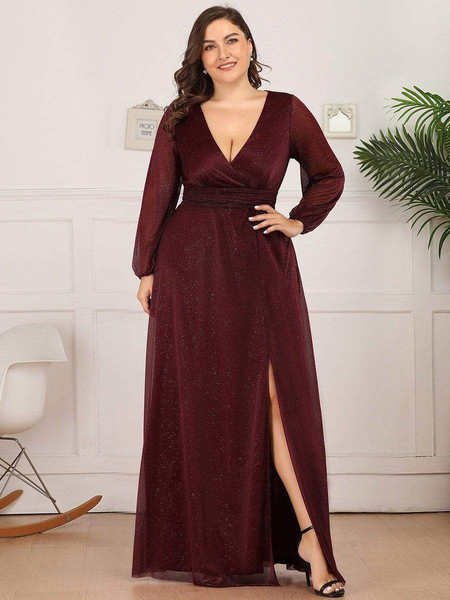 Plus Size V-Neck Shiny Puff Sleeve Work Christmas Party Dress