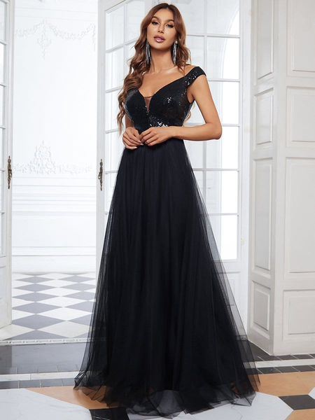 off-shoulder sequin maxi prom dress