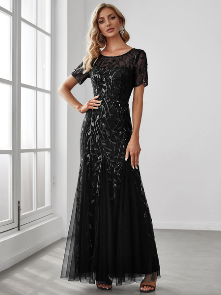 Floral Sequin Black Tulle Evening Dress