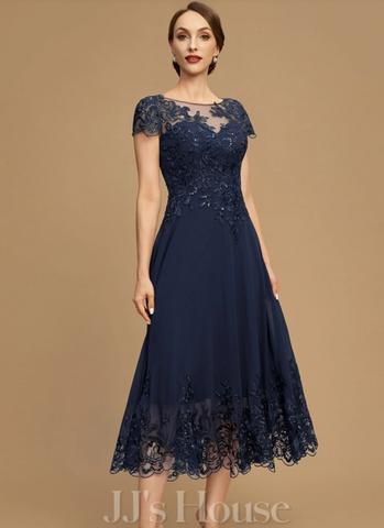 A-line Scoop Illusion Tea-Length Chiffon Lace Dress With Sequins
