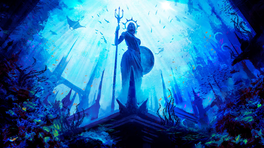 A-statue-of-the-Greek-goddess-with-a-shield-and-a-trident-stands-in-an-underwater-city-surrounded-by-fish-and-corals