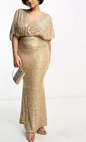 ASOS DESIGN Curve Kimono Sleeve Maxi Dress in Sequin Gold