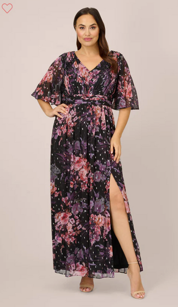Adrianna Papell Plus Size Floral-Print Chiffon Long Fit-and-Flare Dress