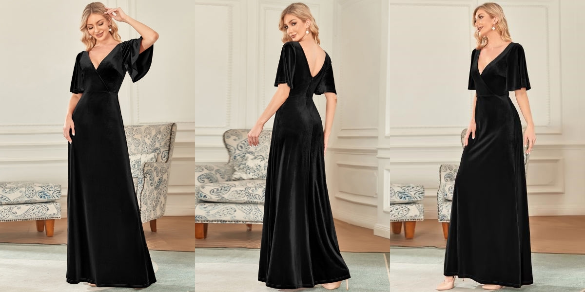 Black Elegant Double V Neck Velvet Party Dress with Sleeves