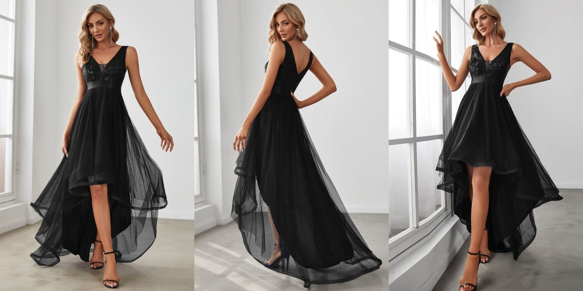 Black Fashion High-Low Deep V Neck Tulle Prom Dresses with Sequin Appliques