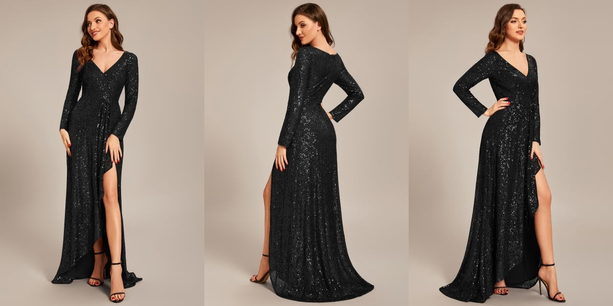 Black Sequin Long Sleeve V-neck Asymmetrical Hem Evening Dress