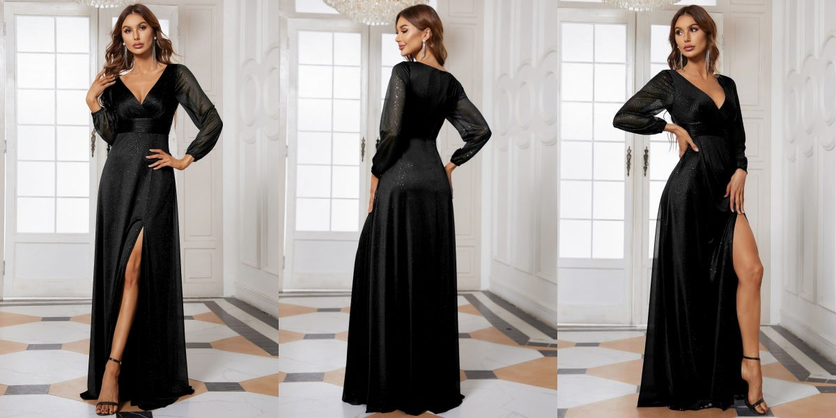 Black Women's Sexy Long Sleeve V-Neck Shiny Evening Dress