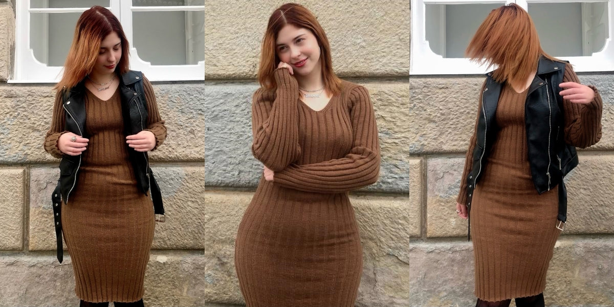 Brown Ribbed Long Sleeve V-Neck Bodycon Knit Sweater Dress