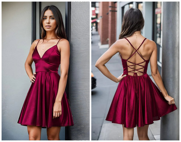 Spaghetti Strap A-Line Back Lace-Up Burgundy Short Homecoming Dress