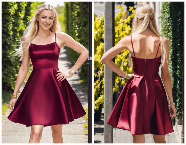 Satin Spaghetti Strap A-Line Backless Burgundy Short Homecoming Dress