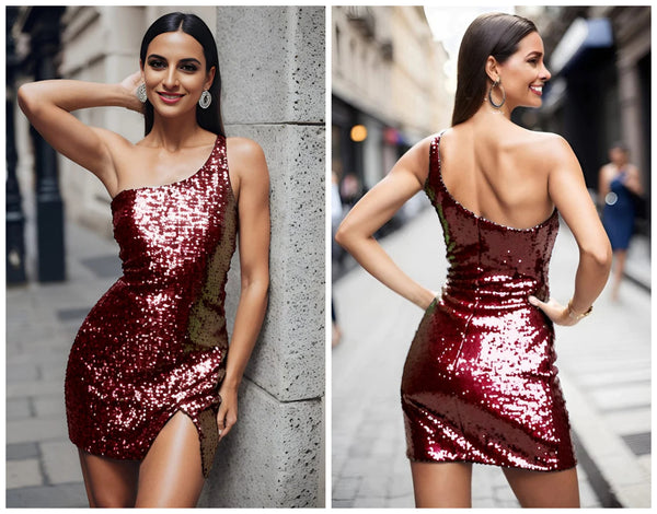 Shiny One Shoulder Sequin Bodycon Sleeveless Burgundy Homecoming Dress